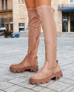 Kozaki Na Płaskim Obcasie|Kozaki Bez Ocieplenia^Royalfashion Damskie wsuwane kozaki za kolano Vianas jasny brązowy