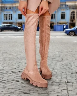 Kozaki Na Płaskim Obcasie|Kozaki Bez Ocieplenia^Royalfashion Damskie wsuwane kozaki za kolano Vianas jasny brązowy