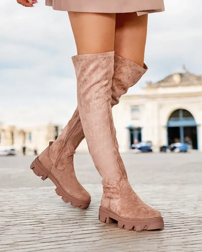 Kozaki Na Płaskim Obcasie|Kozaki Bez Ocieplenia^Royalfashion Damskie wsuwane kozaki za kolano Vianas jasny brązowy