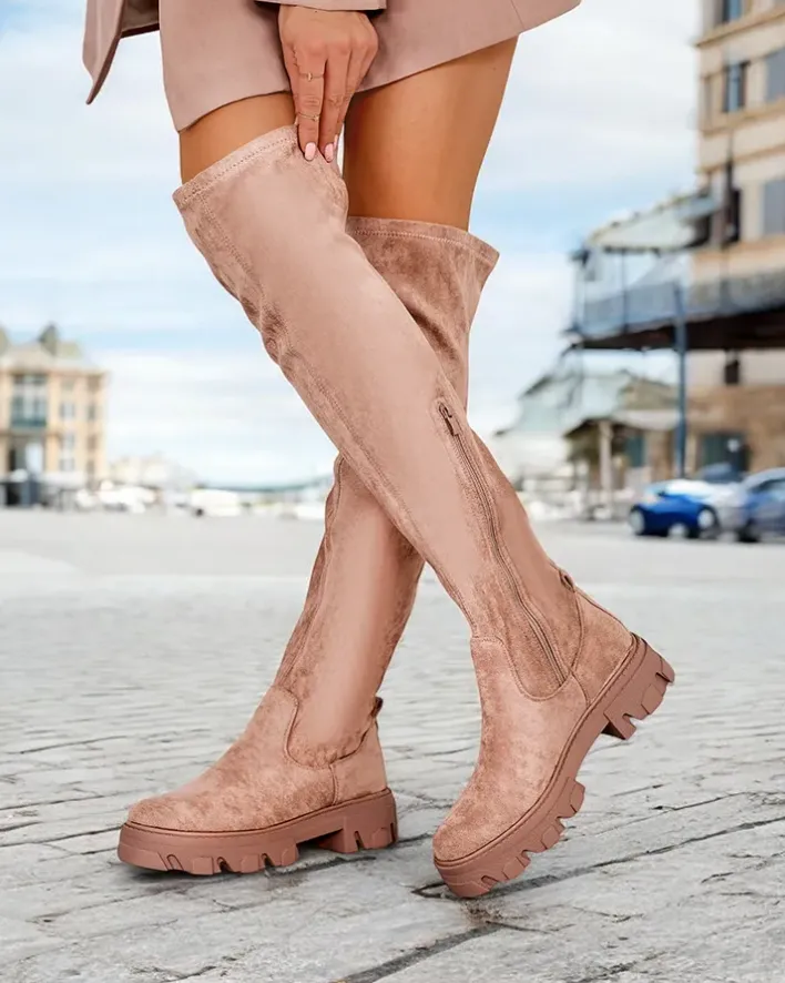 Kozaki Na Płaskim Obcasie|Kozaki Bez Ocieplenia^Royalfashion Damskie wsuwane kozaki za kolano Vianas jasny brązowy