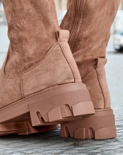 Kozaki Na Płaskim Obcasie|Kozaki Bez Ocieplenia^Royalfashion Damskie wsuwane kozaki za kolano Vianas jasny brązowy