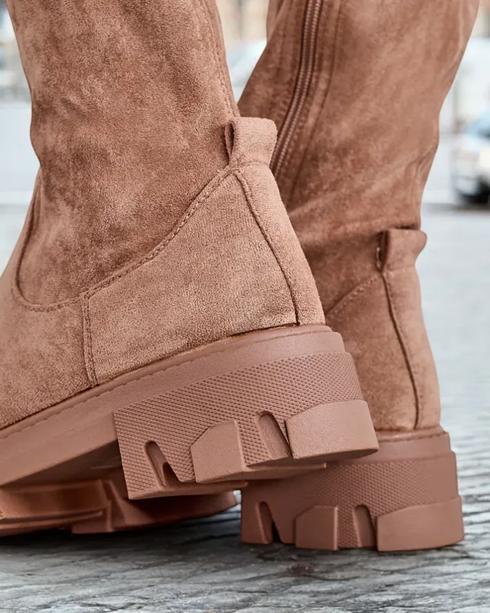 Kozaki Na Płaskim Obcasie|Kozaki Bez Ocieplenia^Royalfashion Damskie wsuwane kozaki za kolano Vianas jasny brązowy