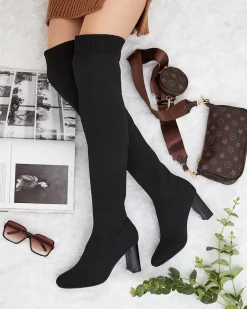 Kozaki Na Obcasie|Kozaki Bez Ocieplenia^Royalfashion Damskie wsuwane kozaki za kolano Nolels czarny