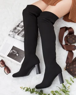 Kozaki Na Obcasie|Kozaki Bez Ocieplenia^Royalfashion Damskie wsuwane kozaki za kolano Nolels czarny