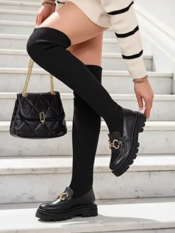 Kozaki Na Płaskim Obcasie|Kozaki Bez Ocieplenia^Royalfashion Damskie wsuwane kozaki za kolano Rufies czarny