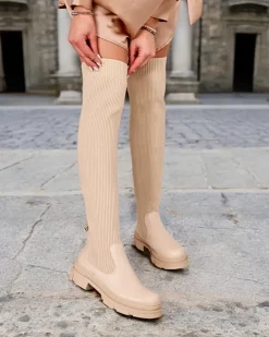 Kozaki Na Płaskim Obcasie|Kozaki Bez Ocieplenia^Royalfashion Damskie wsuwane kozaki za kolano Sonelli beżowy