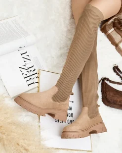 Kozaki Na Płaskim Obcasie|Kozaki Z Ociepleniem^Royalfashion Damskie wsuwane kozaki za kolano Senolel jasny brązowy