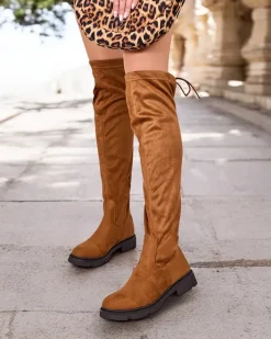 Kozaki Na Płaskim Obcasie|Kozaki Bez Ocieplenia^Royalfashion Damskie wsuwane kozaki za kolano Robus brązowy