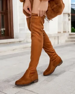 Kozaki Na Płaskim Obcasie|Kozaki Bez Ocieplenia^Royalfashion Damskie wsuwane kozaki za kolano Lianas Camel