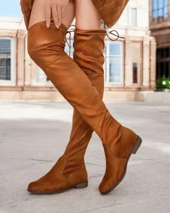 Kozaki Na Płaskim Obcasie|Kozaki Bez Ocieplenia^Royalfashion Damskie wsuwane kozaki za kolano Lianas Camel