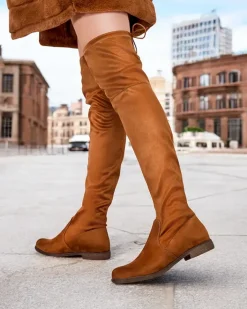 Kozaki Na Płaskim Obcasie|Kozaki Bez Ocieplenia^Royalfashion Damskie wsuwane kozaki za kolano Lianas Camel
