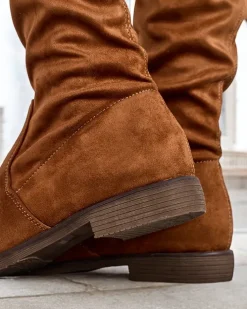 Kozaki Na Płaskim Obcasie|Kozaki Bez Ocieplenia^Royalfashion Damskie wsuwane kozaki za kolano Lianas Camel