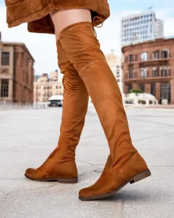 Kozaki Na Płaskim Obcasie|Kozaki Bez Ocieplenia^Royalfashion Damskie wsuwane kozaki za kolano Lianas Camel