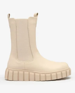 Botki Bez Ocieplenia|Botki Na Płaskim Obcasie^Royalfashion Damskie wysokie botki na płaskim obcasie w kolorze ecru Elicane