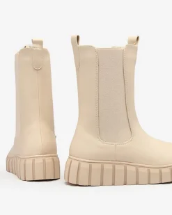 Botki Bez Ocieplenia|Botki Na Płaskim Obcasie^Royalfashion Damskie wysokie botki na płaskim obcasie w kolorze ecru Elicane