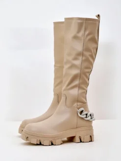 Kozaki Na Płaskim Obcasie^Royalfashion Damskie wysokie kozaki Defesisa beżowy