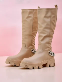 Kozaki Na Płaskim Obcasie^Royalfashion Damskie wysokie kozaki Defesisa beżowy