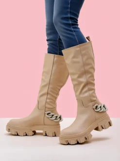 Kozaki Na Płaskim Obcasie^Royalfashion Damskie wysokie kozaki Defesisa beżowy