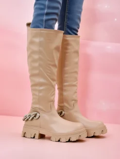 Kozaki Na Płaskim Obcasie^Royalfashion Damskie wysokie kozaki Defesisa beżowy