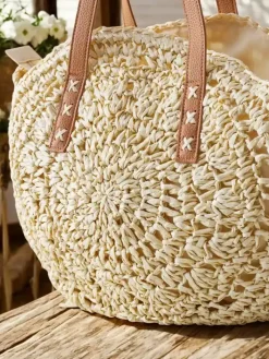 Wiklinowe I Słomiane^Royalfashion Duża owalna słomiana torebka damska beżowy