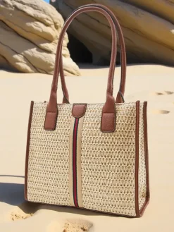 Wiklinowe I Słomiane^Royalfashion Duża słomiana torebka damska letnia z ozdobnym paskiem jasny brązowy