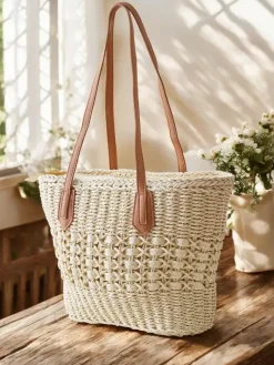 Wiklinowe I Słomiane^Royalfashion Duża słomiana torebka damska beżowy