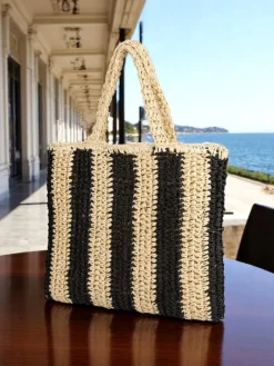 Wiklinowe I Słomiane^Royalfashion Duża słomiana torebka damska Straw Stripe czarny
