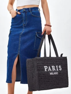 Wiklinowe I Słomiane^Royalfashion Duża słomiana torebka damska Paris Milano Large czarny