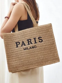 Wiklinowe I Słomiane^Royalfashion Duża słomiana torebka damska Paris Milano Large brązowy