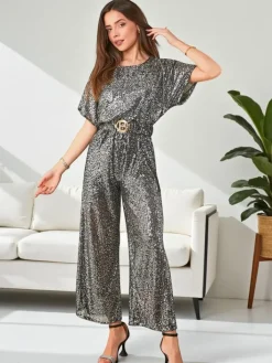 Kombinezony^Royalfashion Długi kombinezon damski z cekinami srebrny