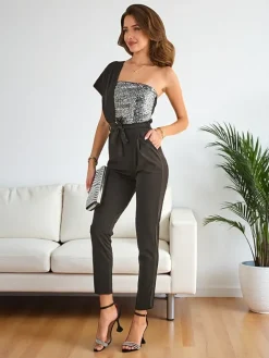 Kombinezony^Royalfashion Długi kombinezon damski z cyrkoniami czarny