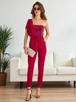 Kombinezony^Royalfashion Długi kombinezon damski z cyrkoniami Bordowy