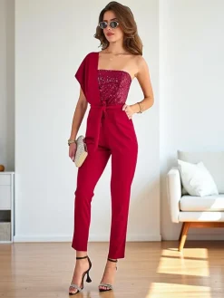 Kombinezony^Royalfashion Długi kombinezon damski z cyrkoniami Bordowy