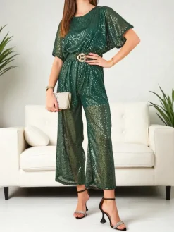 Kombinezony^Royalfashion Długi kombinezon damski z cekinami zielony