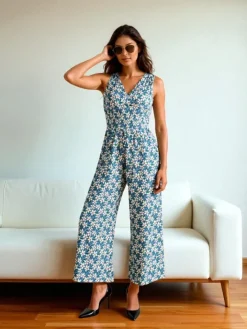 Kombinezony^Royalfashion Długi kombinezon damski z printem Ecru