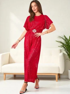 Kombinezony^Royalfashion Długi kombinezon damski z cekinami czerwony