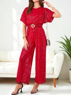 Kombinezony^Royalfashion Długi kombinezon damski z cekinami czerwony