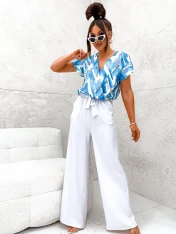 Kombinezony^Royalfashion Długi kombinezon damski z printem ŻywyNiebieski