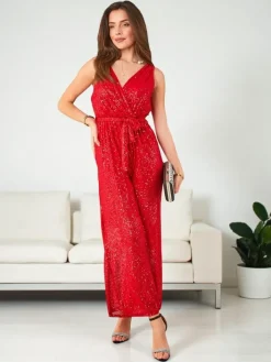 Kombinezony^Royalfashion Długi kombinezon damski z cekinami czerwony