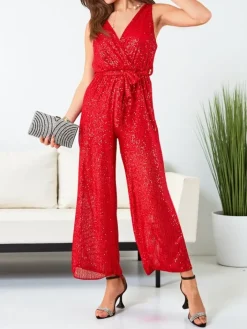 Kombinezony^Royalfashion Długi kombinezon damski z cekinami czerwony
