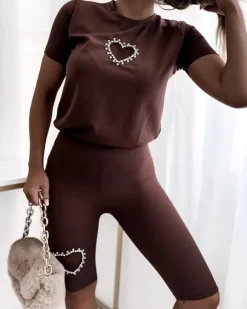 Spodenki 3/4|Krótkie Spodenki^Royalfashion Dwuczęściowy damski komplet sportowy z cyrkoniami w kolorze m brązowy
