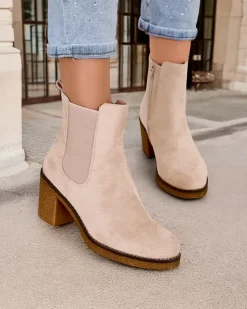 Botki Z Delikatnym Ociepleniem|Botki Na Słupku^Royalfashion Eko-zamszowe damskie botki na słupku Bregianka beżowy