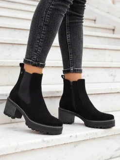 Botki Z Delikatnym Ociepleniem|Botki Na Słupku^Royalfashion Eko-zamszowe damskie botki na słupku Segori czarny