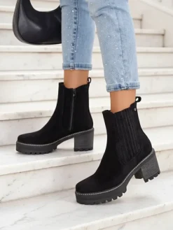 Botki Z Delikatnym Ociepleniem|Botki Na Słupku^Royalfashion Eko-zamszowe damskie botki na słupku Segiag czarny