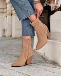 Botki Bez Ocieplenia|Botki Na Słupku^Royalfashion Eko-zamszowe damskie botki na słupku Gris jasny brązowy