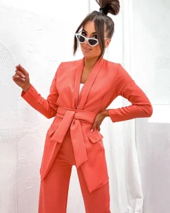 Spodnie Materiałowe|Komplety Damskie^Royalfashion Elegancki damski komplet pomarańczowy