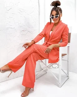 Spodnie Materiałowe|Komplety Damskie^Royalfashion Elegancki damski komplet pomarańczowy