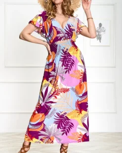 Sukienki Letnie|Sukienki Długie^Royalfashion Fioletowa damska długa sukienka z roślinnym printem fioletowy