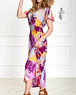 Sukienki Letnie|Sukienki Długie^Royalfashion Fioletowa damska długa sukienka z roślinnym printem fioletowy