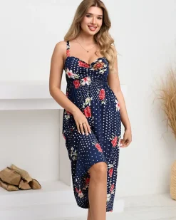 Sukienki Letnie|Sukienki Długie^Royalfashion Granatowa damska midi sukienka na ramiączkach w groszki Granatowy